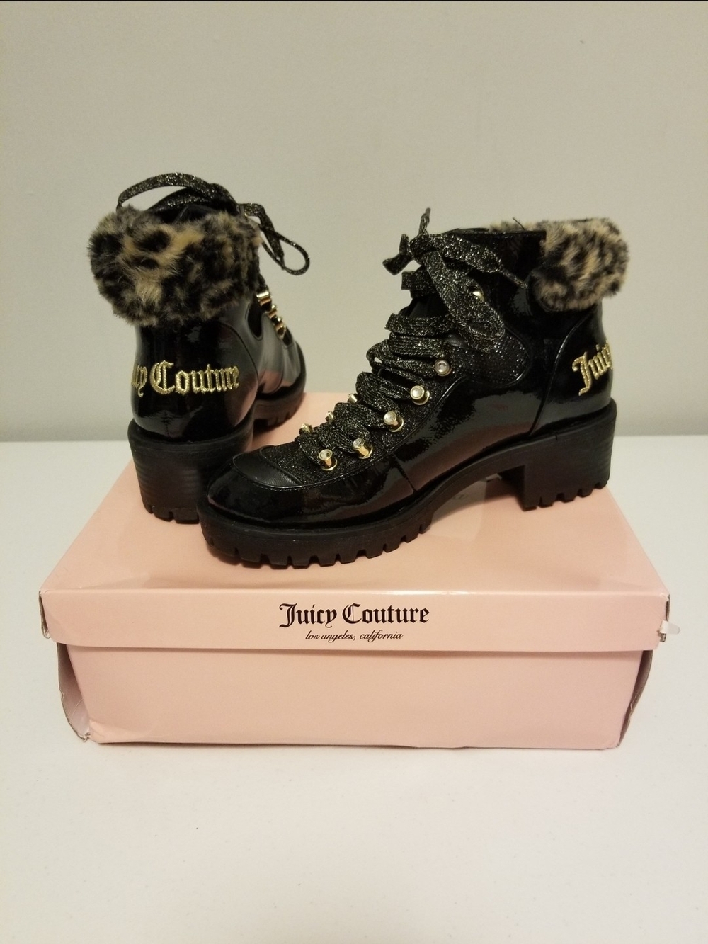 Juicy Couture Black Patent Lace-Up Ankle Boots with Leopard Fur Trim